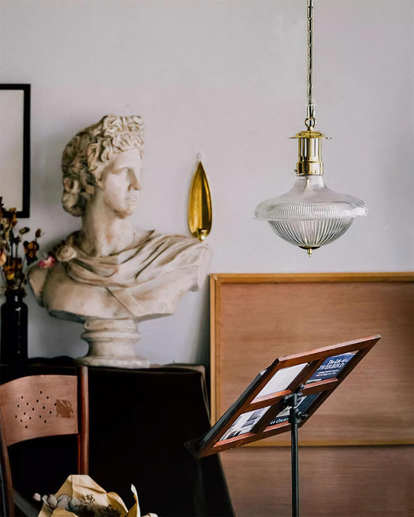 Norvela Pendant Light Clear Ribbed Glass Brass Vintage