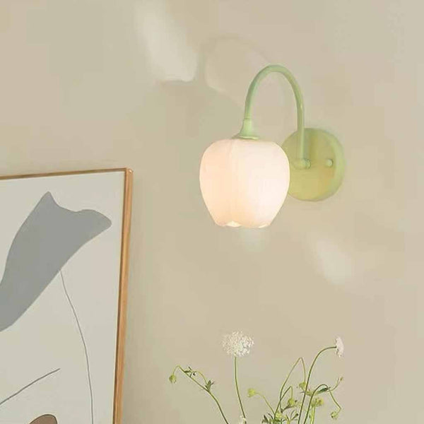 Wall Sconce Light Cream Glass Flower Tulip, Green / White