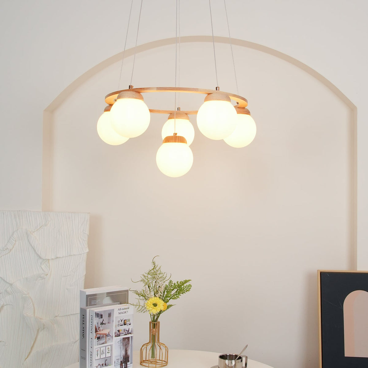 Wood Ring Frosted Globe Chandelier