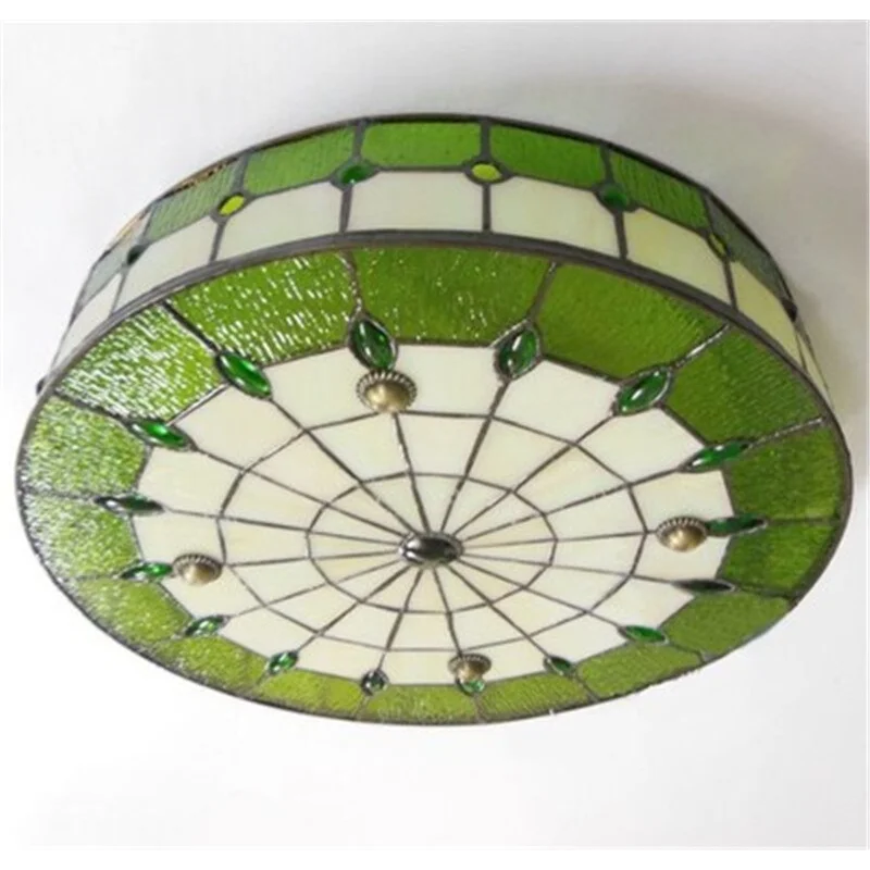 Green Tiffany-Style Ceiling Lamp | Stained-Glass Flush Mount | CLND044