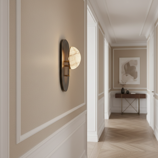 Alabaster Globe & Brass Shield Wall Sconce | CLHP8S52D