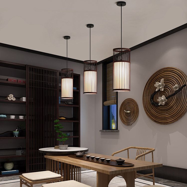 Ritta Weave Cylinder Pendant Light, Coffee/Wood, Metal/Bamboo
