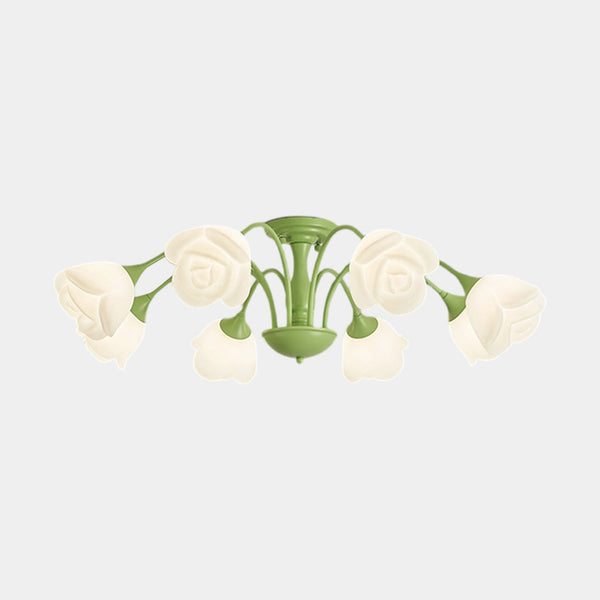 Semi-Flush Mount Ceiling Light Cream Rose Flower, Green / White
