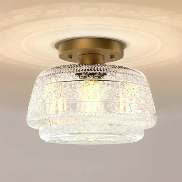 Veyra Vintage Engraved Glass Flush Ceiling Light