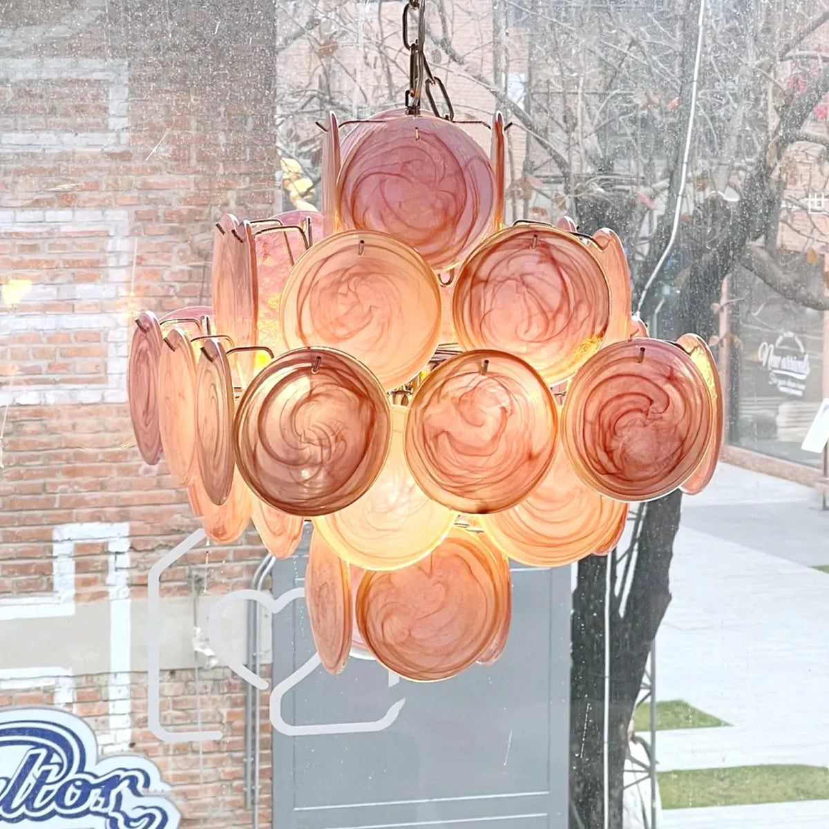 Vintage Pink Glass Disks Chandelier