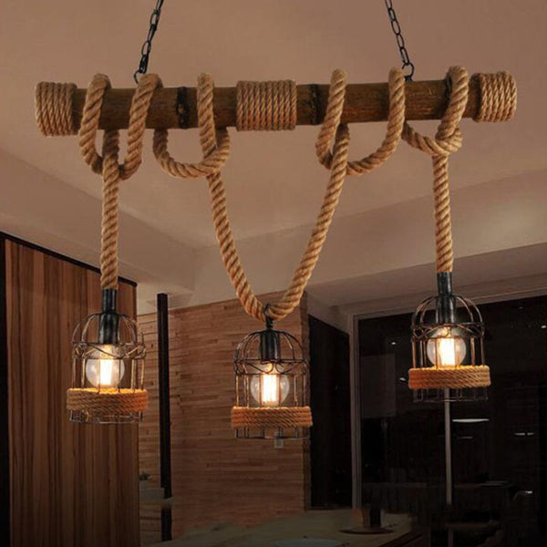 Silva Vintage 3 Heads Wood Rope Pendant Light