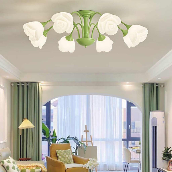 Semi-Flush Mount Ceiling Light Cream Rose Flower, Green / White