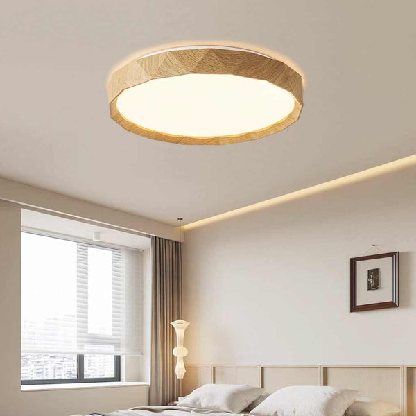 Flush Mount Ceiling Light Round Wood Grain LED, Log / Walnut Color