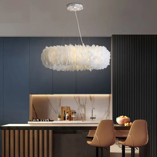 Round Feather Chandelier - White & Pink & Gray & Yellow