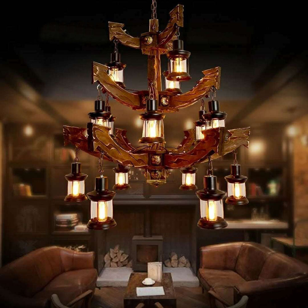 Epoch Retro 14 Lantern Wood/Metal Chandelier
