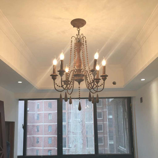 Chandelier Vintage Wood Iron Bead Candle with Tassel