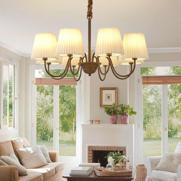 Chandelier Mid Century Vintage Iron White Pleated Fabric Shade