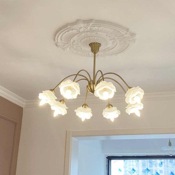 Chandelier Vintage Glass Rose Flower Iron Branch, Gold