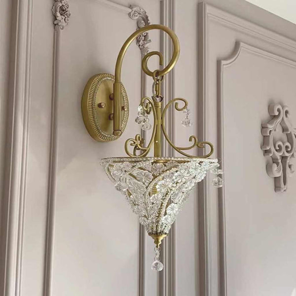 Wall Sconce Lighting French Mid-Century Brass Crystal Cone