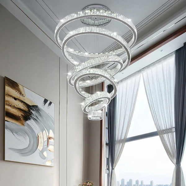 6 Tier Crystal Ring Chandelier for High Ceiling