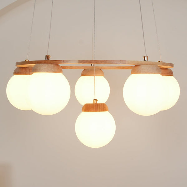 Aelion Chandelier Wood Ring Opal Glass Globes