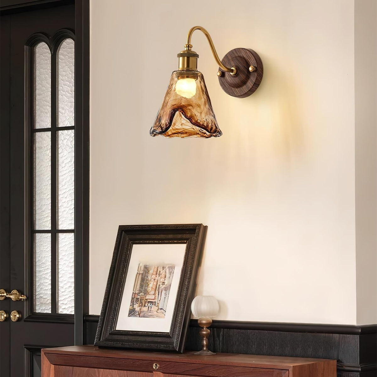 Nalia Wall Lamp Amber Glass Walnut Gold Vintage