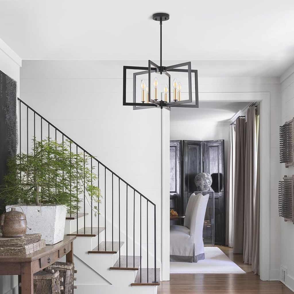 Chandelier Farmhouse Industrial Iron Cage, Black / Gold