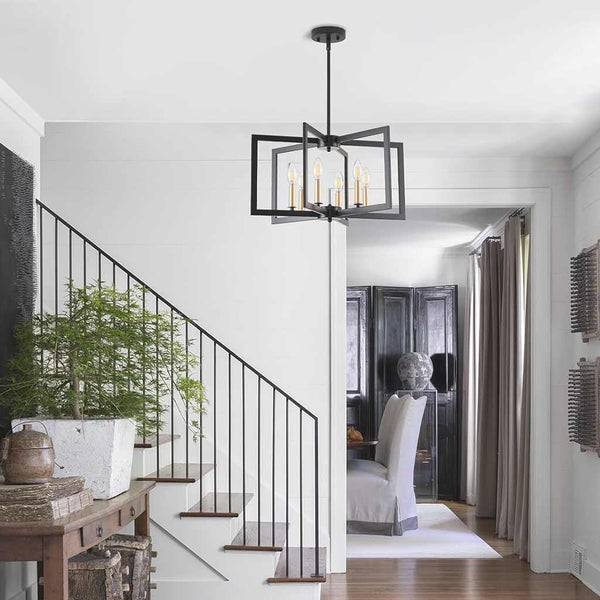 Chandelier Farmhouse Industrial Iron Cage, Black / Gold