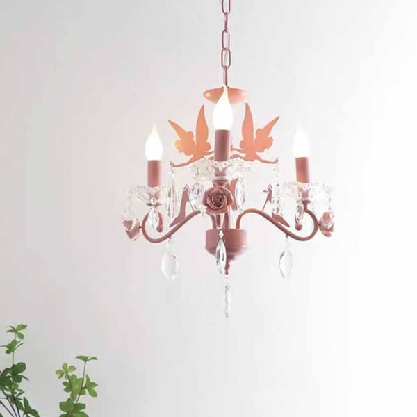 Candle Chandelier Crystal Drop Princess for Girls Room, Pink