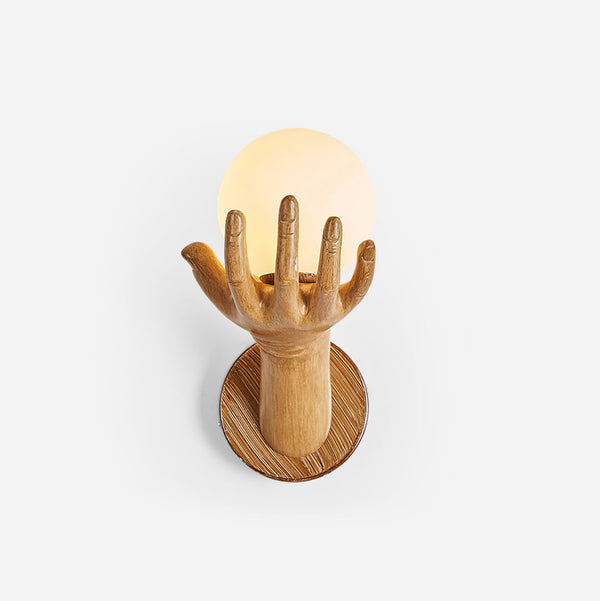 Wall Lamp Polymer Body Hand Shape Globe Shade Wood Grain