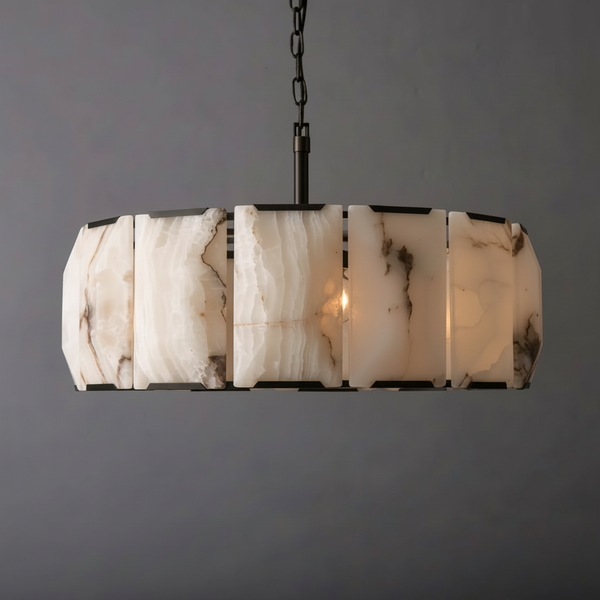 Round Alabaster Halo Chandelier | Black Stainless Steel | CLPOR022B