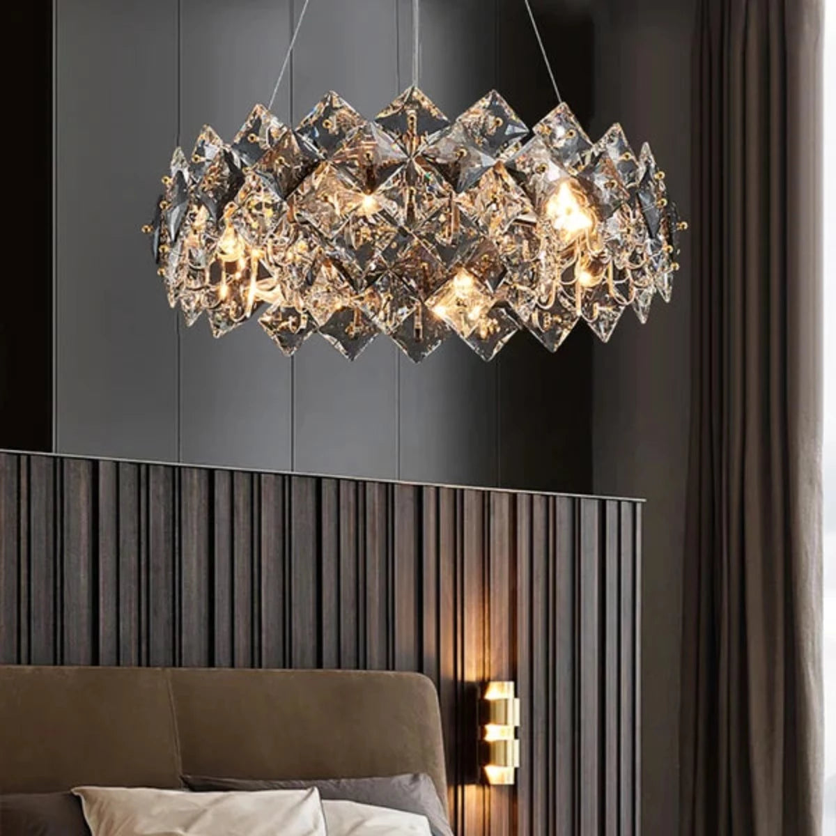 Elegant LED Ring Smoke Crystal Chandelier for Bedroom
