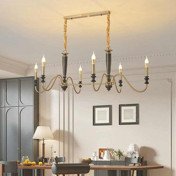 Chandelier Vintage Farmhouse Iron Wood Candle, Black & Gold
