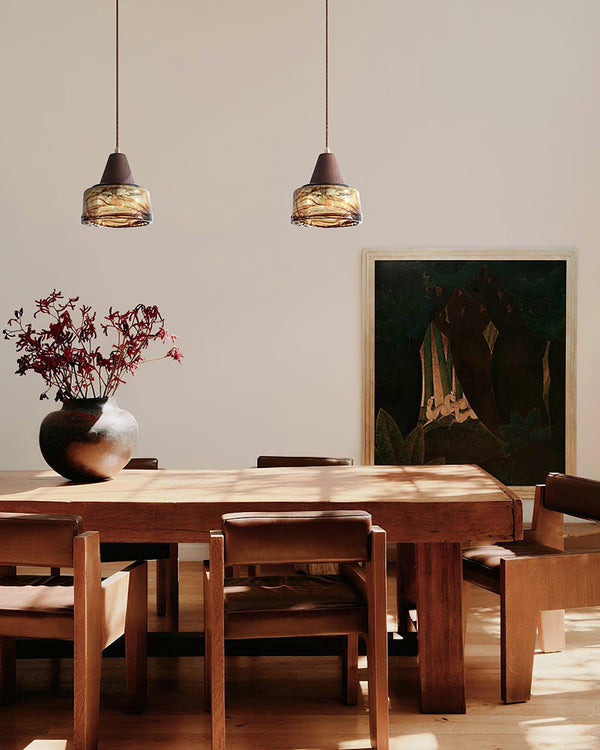 Pendant Lamp Amber Glass Shade Wood Top Vintage Artistic