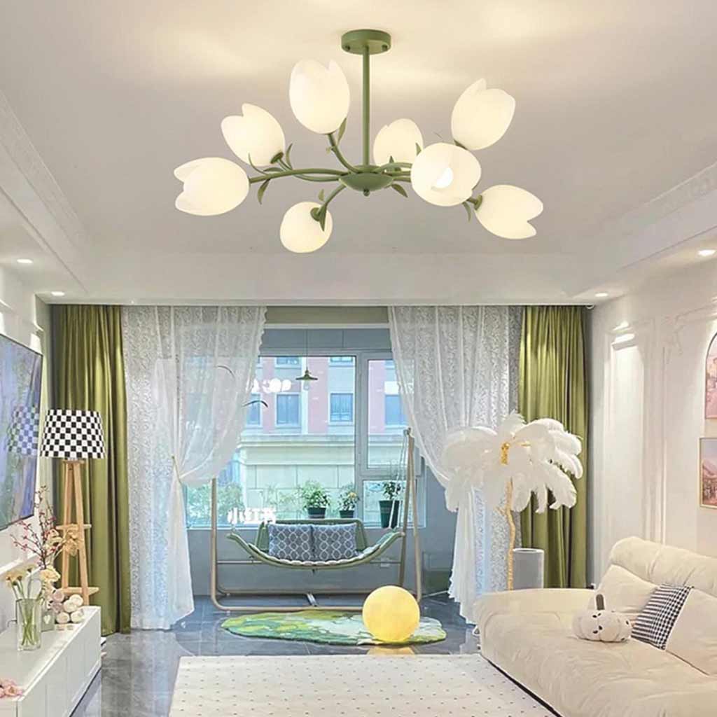 Chandelier Cream Branch Plastic Flower Tulip, White / Green