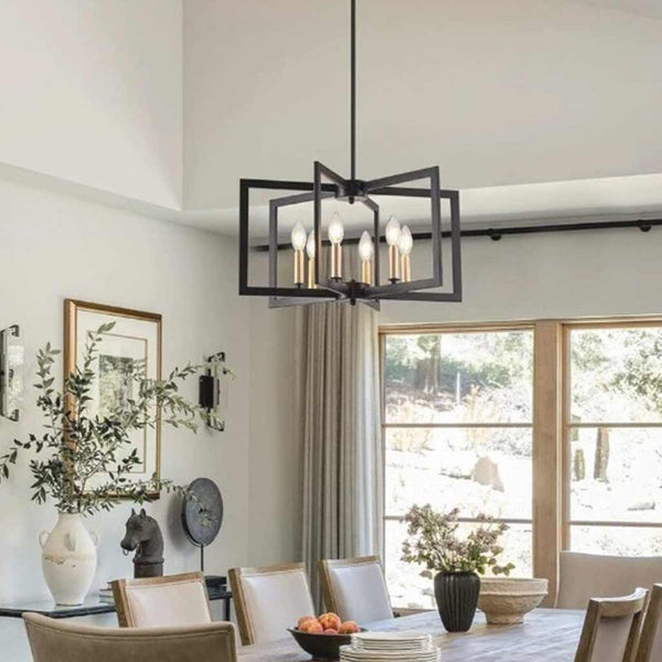 Chandelier Farmhouse Industrial Iron Cage, Black / Gold