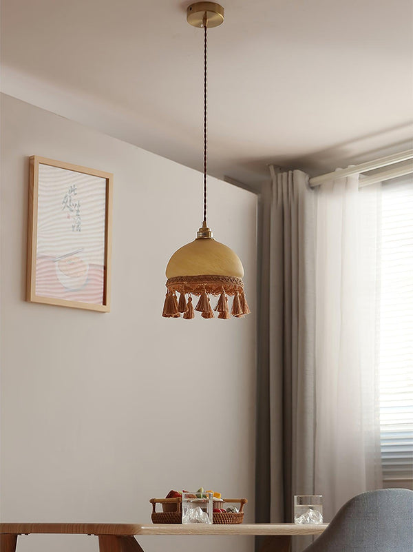Sycaran French Tassels Swag Brass Glass Fabric Pendant Light