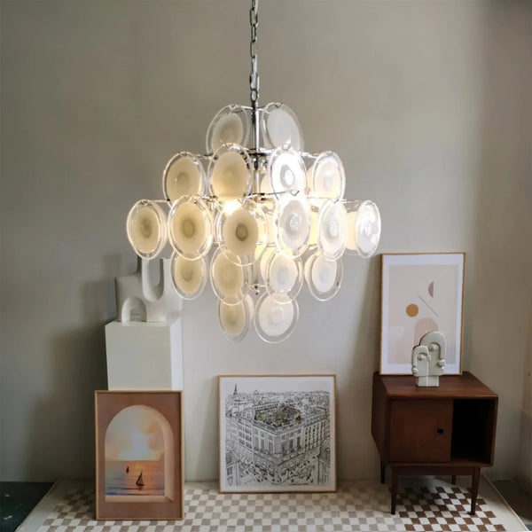 Vintage White Disk Glass Chandelier