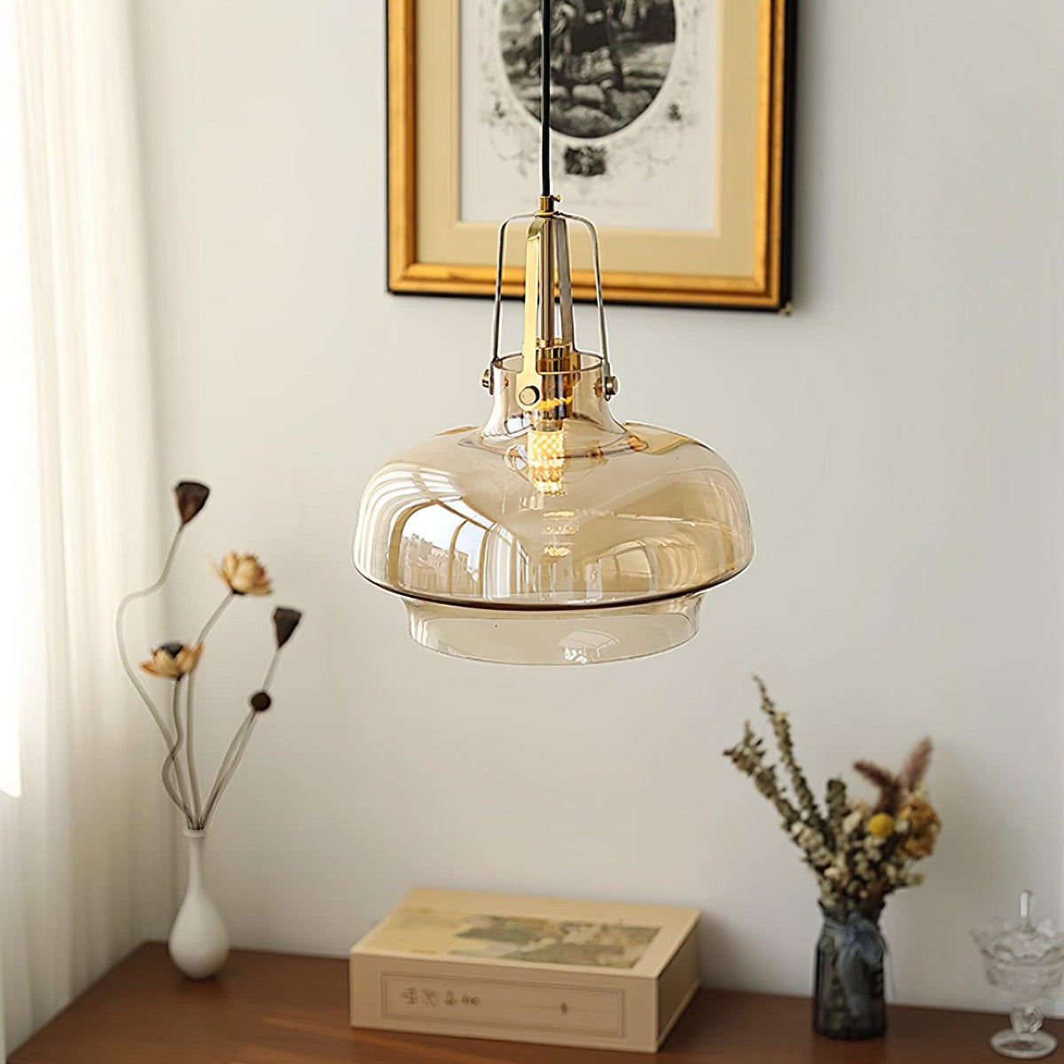 Liorarise Amber Glass Pendant Light with Brass Fittings