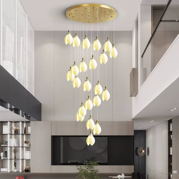 Ceramic Magnolia Staircase Chandelier 6/9/18/36 Lights