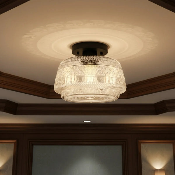 Veyra Vintage Engraved Glass Flush Ceiling Light
