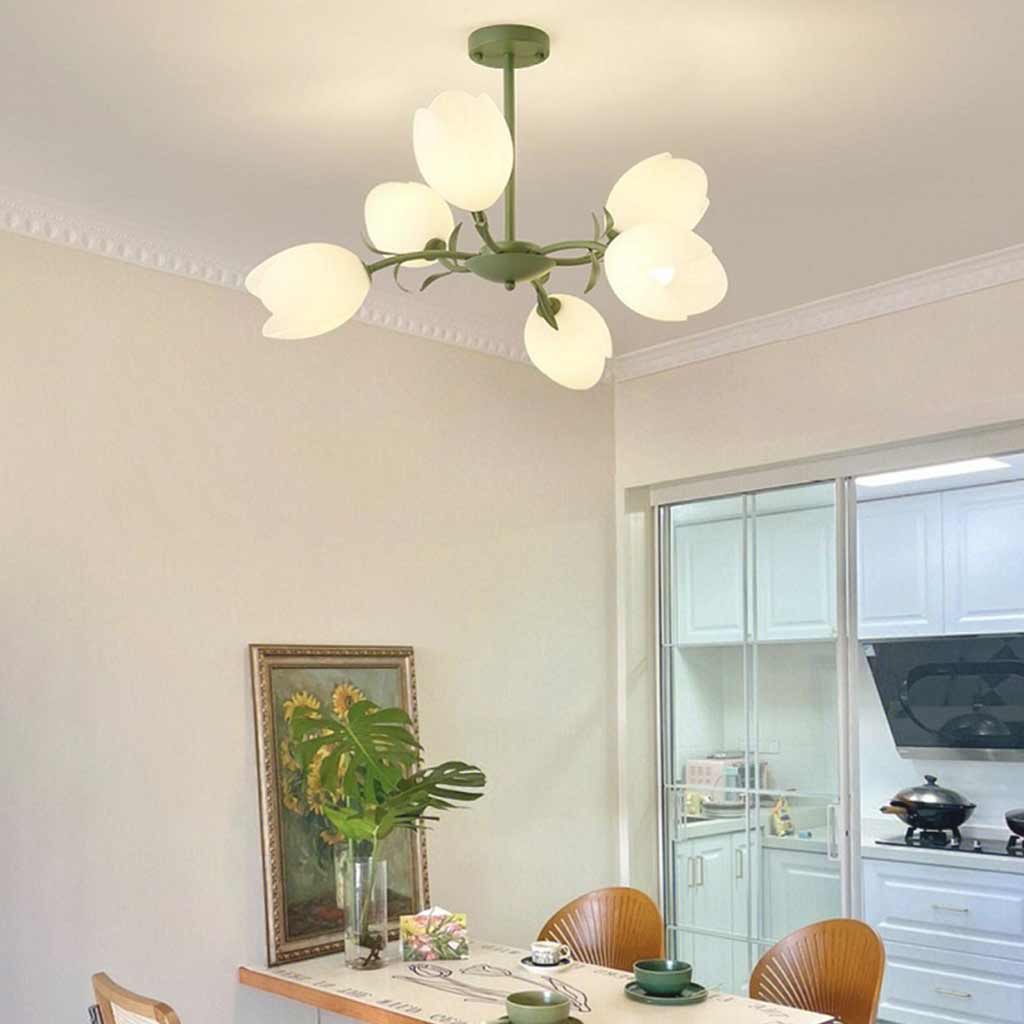 Chandelier Cream Branch Plastic Flower Tulip, White / Green