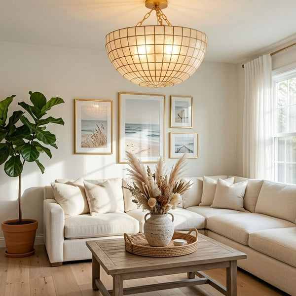 Gold Grid Capiz Shell Semi Flush Mount Ceiling Light