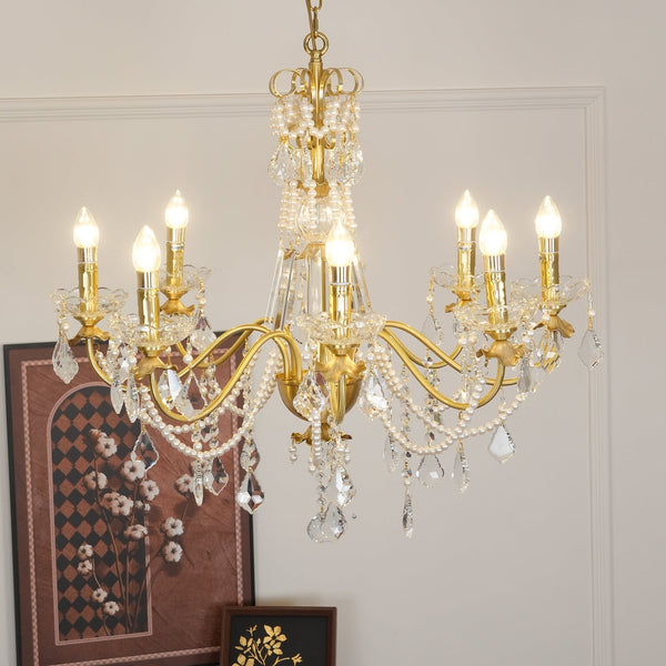 Chandelier Brass Body Crystal Pearl Drops Vintage Elegance