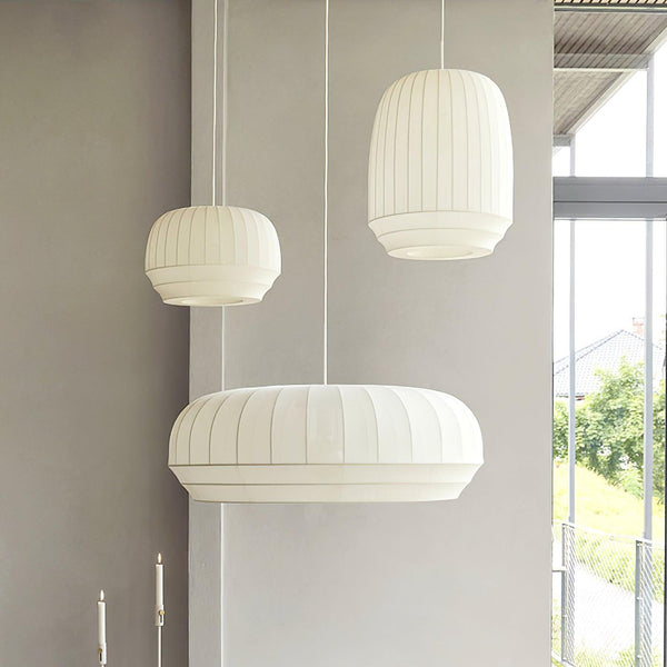 Pendant Lamp Silk Shade White Fabric Vertical Lines Soft Modern Minimalist