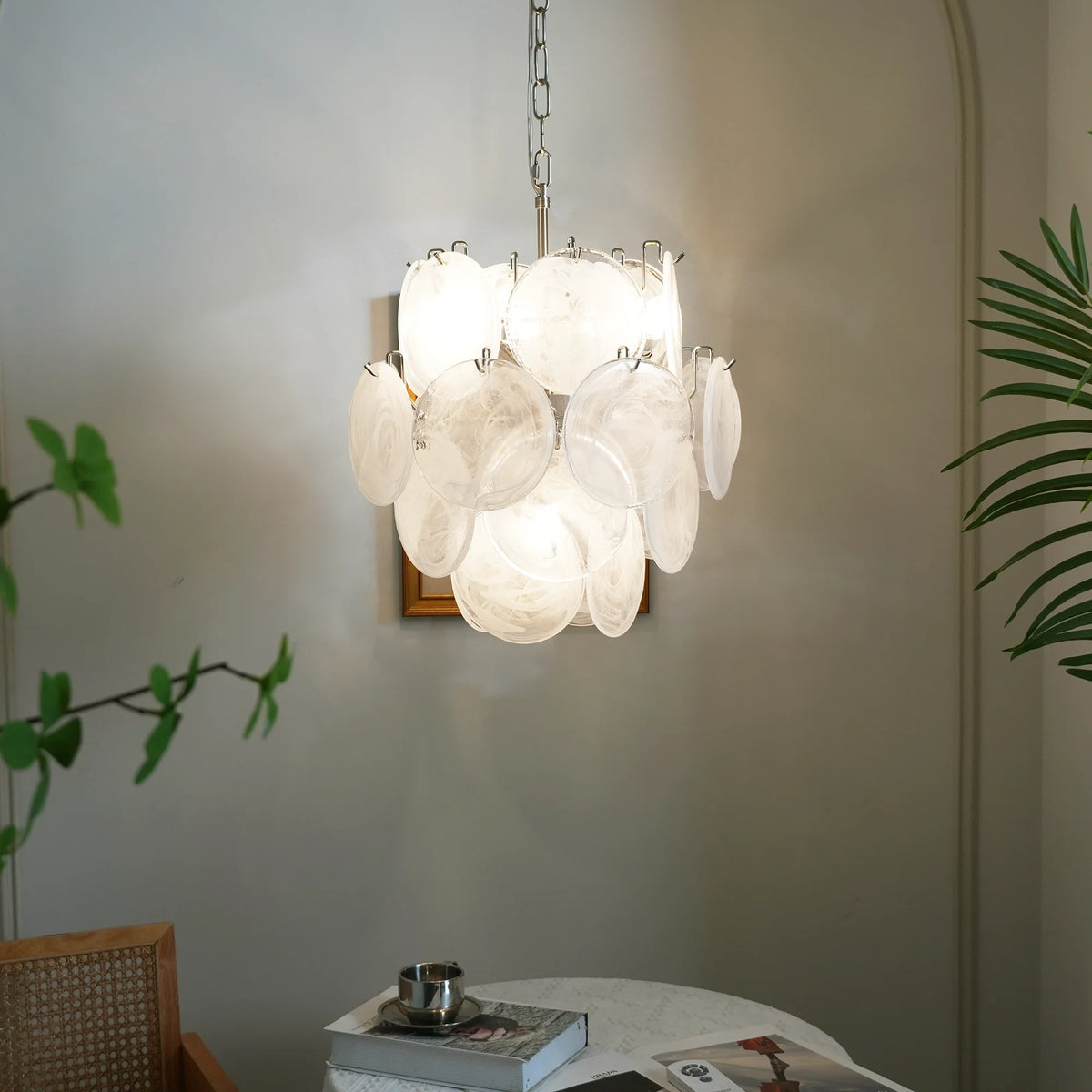 Vintage Murano White Glass Disks Chandelier