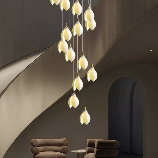 Ceramic Magnolia Staircase Chandelier 6/9/18/36 Lights