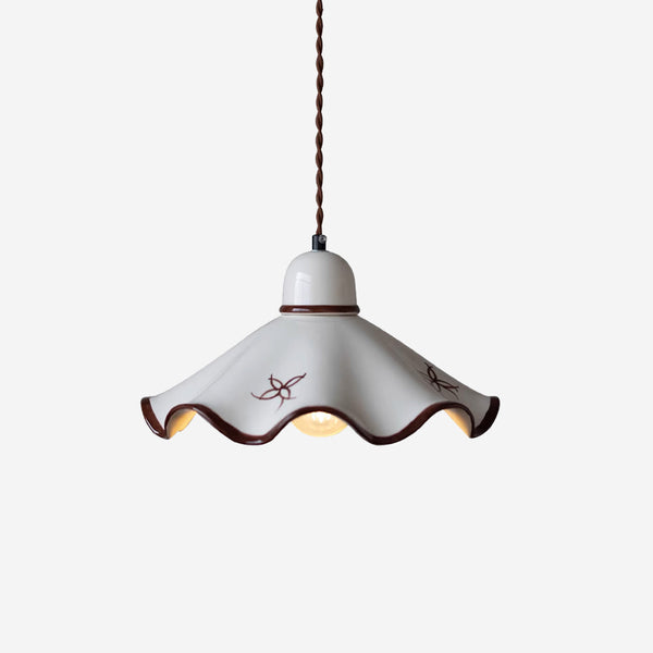 Pendant Lamp Ceramic Wavy Shade Rustic Brown Trim Retro Farmhouse
