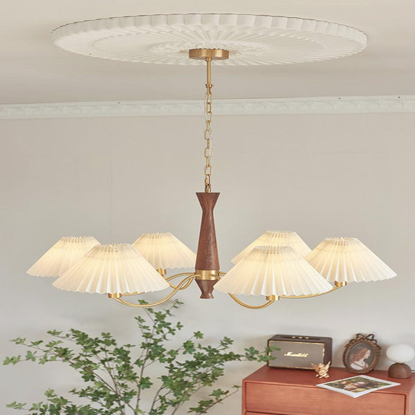 Chandelier Japandi Brass Walnut Fabric Pleated Shade