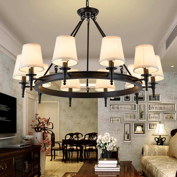 Vintage American Iron Fabric Black Chandelier Ceiling Light