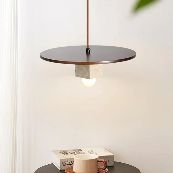 Round Wood Square Travertine Pendant Light