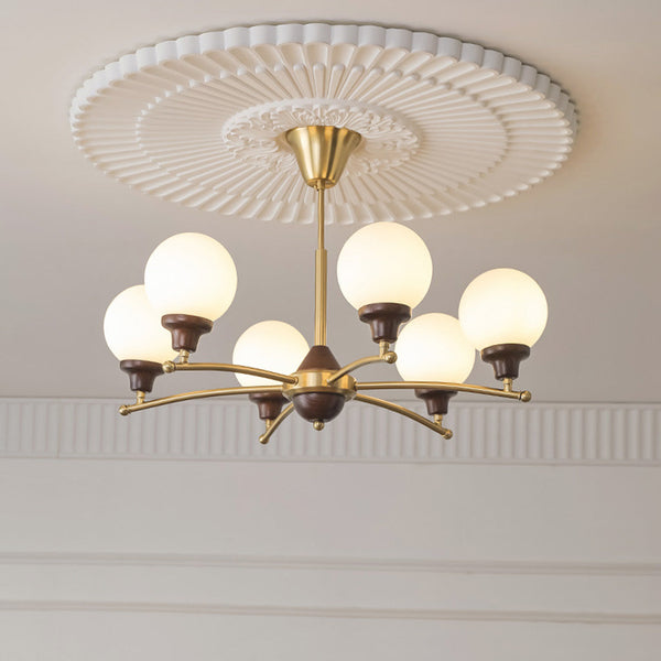 Chandelier White Glass Globe French Country Farmhouse, Chrome / Gold