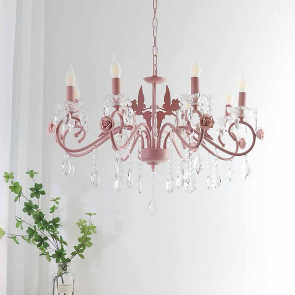 Candle Chandelier Crystal Drop Princess for Girls Room, Pink