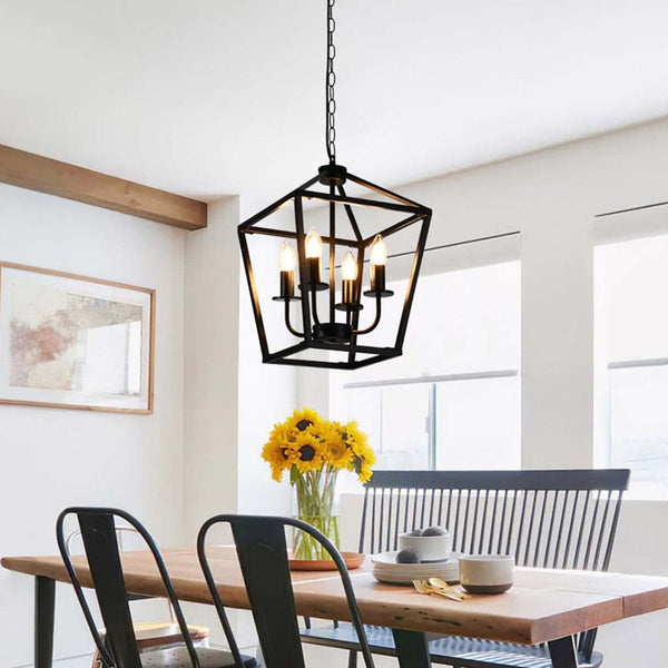 Chandelier Pendant Light Industrial Iron Cage, Black