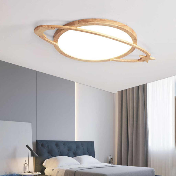 Flush Mount Ceiling Light Wood Planet Dimmable LED